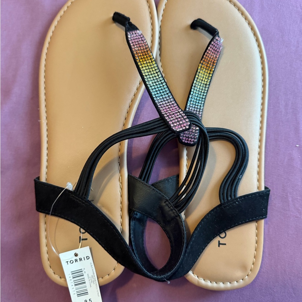 PRIDE Torrid Black Strappy Sandals with Rainbow Rhinestone Accent
